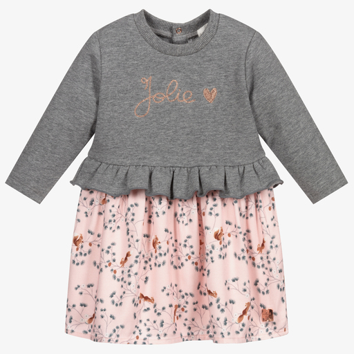 Carrément Beau-Girls Grey & Pink Cotton Dress | Childrensalon Outlet