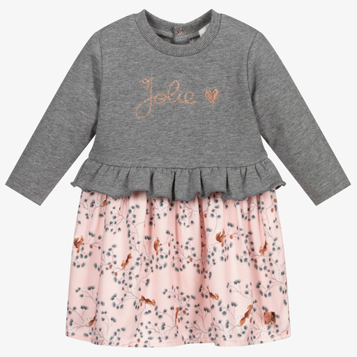 Carrément Beau-Robe grise et rose en coton | Childrensalon Outlet