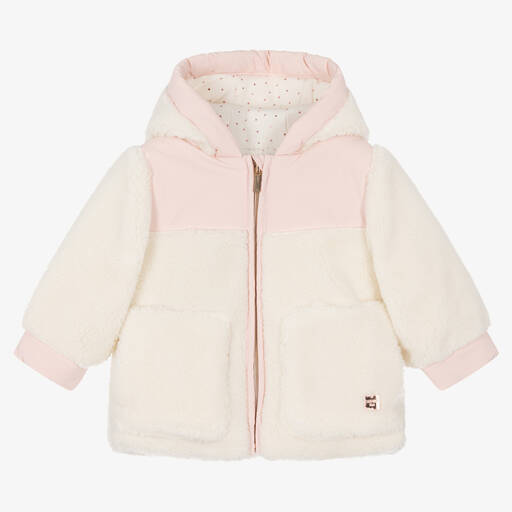 Carrément Beau-Girls Ivory & Pink Teddy Fleece Coat | Childrensalon Outlet