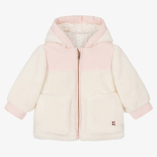 Carrément Beau-Elfenbein- und pinkfarbener Teddy-Fleecemantel für Mädchen | Childrensalon Outlet