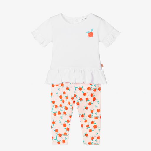 Carrément Beau-طقم ليغنغز أطفال بناتي قطن عضوي جيرسي لون زهري وأبيض | Childrensalon Outlet