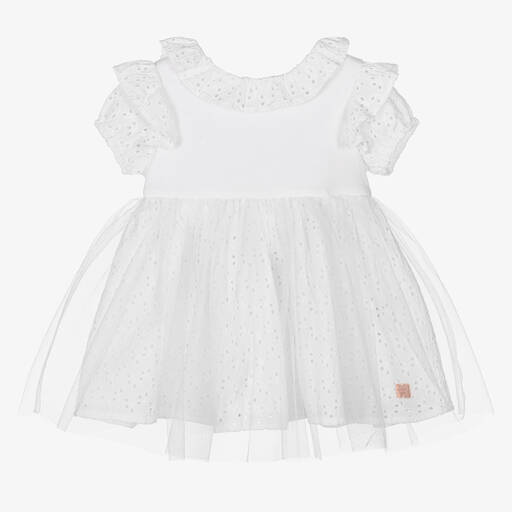 Carrément Beau-Белое платье с вышивкой английской гладью | Childrensalon Outlet