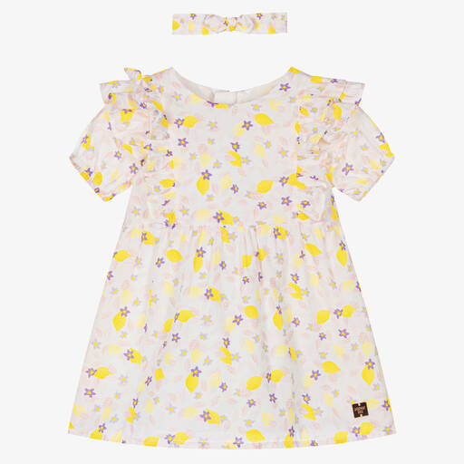 Carrément Beau-Girls White Cotton Lemon & Flower Dress Set | Childrensalon Outlet