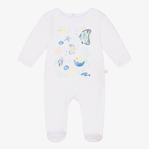 Carrément Beau-White Cotton Aquatic Print Babygrow | Childrensalon Outlet