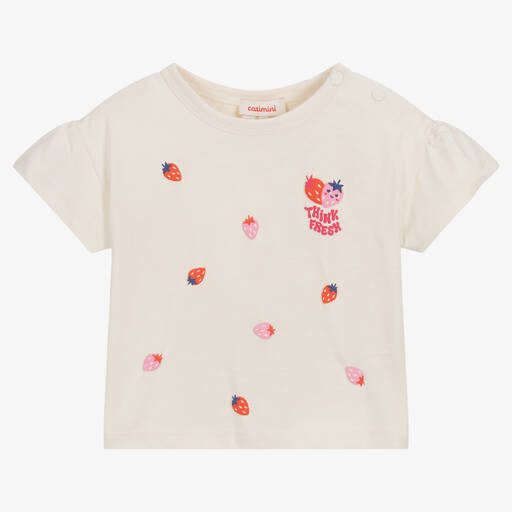 Catimini-Girls Ecru Cotton Strawberry T-Shirt | Childrensalon Outlet