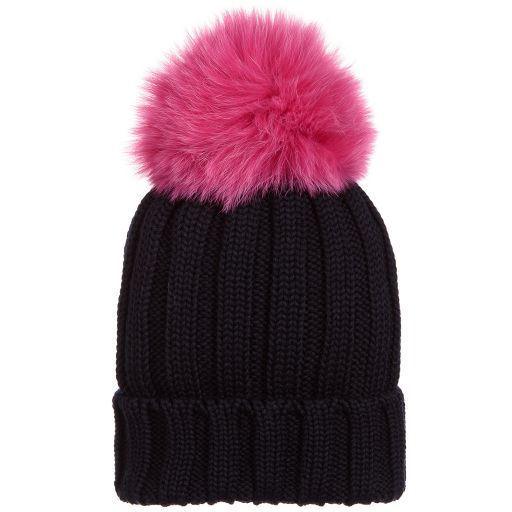 Catya-Blue Wool & Fur Pom-Pom Hat | Childrensalon Outlet