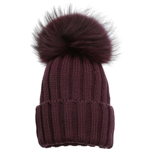 Catya-Dark Purple Wool Hat with Fur Pom-Pom | Childrensalon Outlet