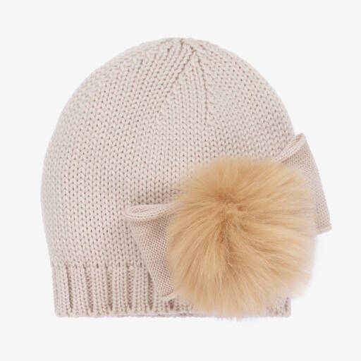 Catya-Girls Beige Merino Pom-Pom Beanie | Childrensalon Outlet