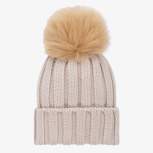 Catya-Bonnet beige en laine à pompon | Childrensalon Outlet