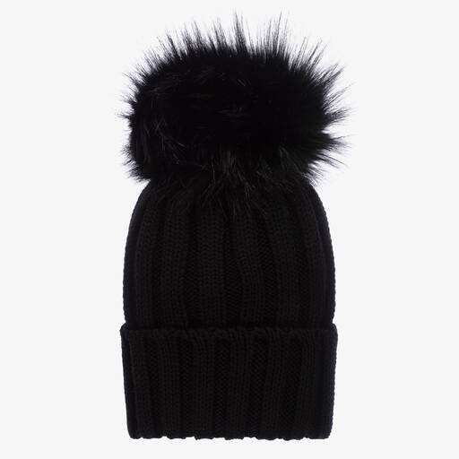 Catya-قبعة بوم-بوم صوف مارينو محبوك لون أسود للبنات | Childrensalon Outlet
