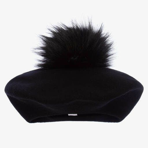 Catya-Girls Black Wool Pom-Pom Beret  | Childrensalon Outlet