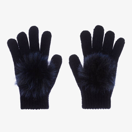 Catya-Girls Blue Wool Knit Pom-Pom Gloves | Childrensalon Outlet