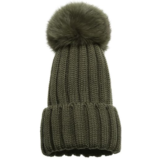 Catya-Olive Green Merino Hat with Fur Pom-Pom | Childrensalon Outlet