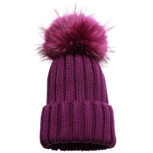 Catya-Purple Wool Hat with Fur Pom-Pom | Childrensalon Outlet