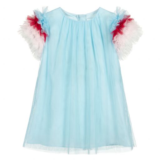 Charabia-Blue Tulle Ruffle Sleeve Dress | Childrensalon Outlet