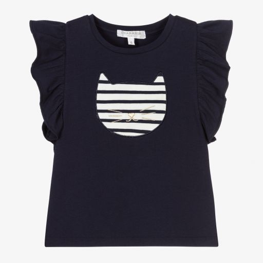 Charabia-T-shirt bleu en coton Chat Fille | Childrensalon Outlet