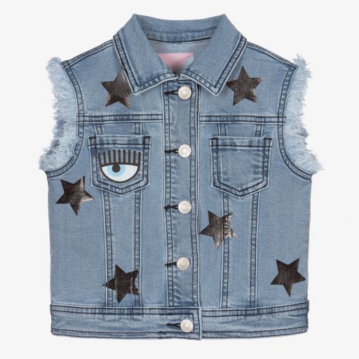 Chiara Ferragni Kids-Girls Blue Eyestar Denim Gilet | Childrensalon Outlet