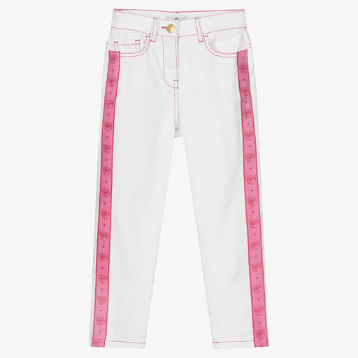 Chiara Ferragni Kids-White Denim Logo Tape Jeans | Childrensalon Outlet