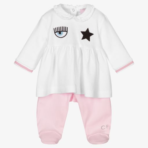 Chiara Ferragni Kids-White & Pink Eyestar Babygrow  | Childrensalon Outlet