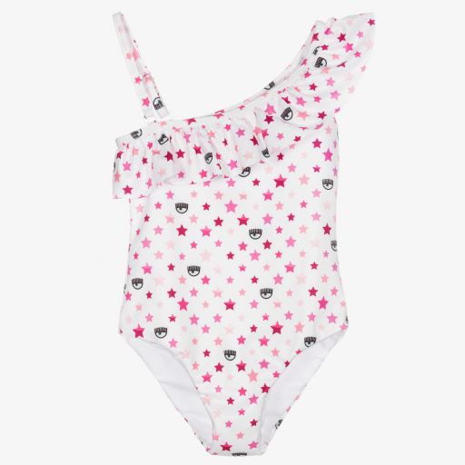 Chiara Ferragni Kids-White & Pink Logo Swimsuit | Childrensalon Outlet