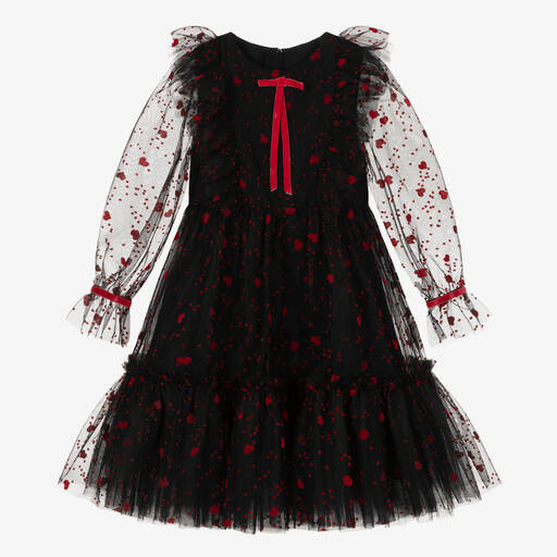 Childrensalon Occasions-فستان تول بطبعة قلوب لون أحمر وأسود | Childrensalon Outlet