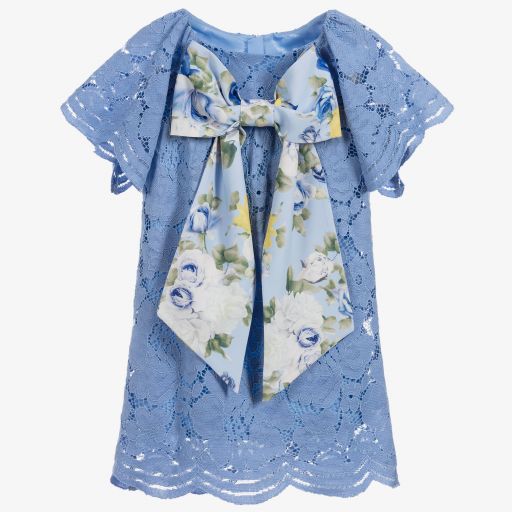 Childrensalon Occasions-Robe bleue en coton et en dentelle Fille | Childrensalon Outlet