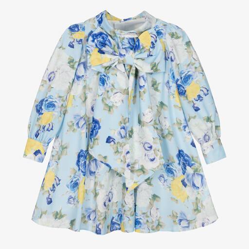 Childrensalon Occasions-Girls Blue Floral Crêpe Bow Dress | Childrensalon Outlet