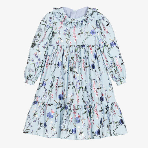 Childrensalon Occasions-Robe en crêpe bleue à fleurs fille | Childrensalon Outlet