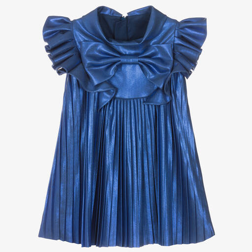 Childrensalon Occasions-Robe plissée en bleu métallisé fille | Childrensalon Outlet