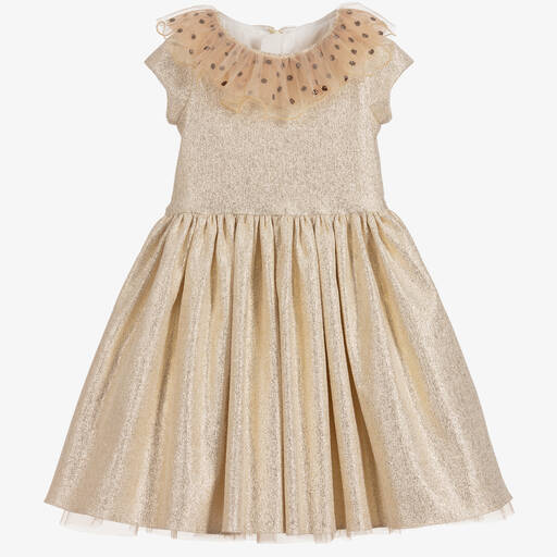Childrensalon Occasions-Girls Gold Dress with Ruffled Tulle Collar | Childrensalon Outlet