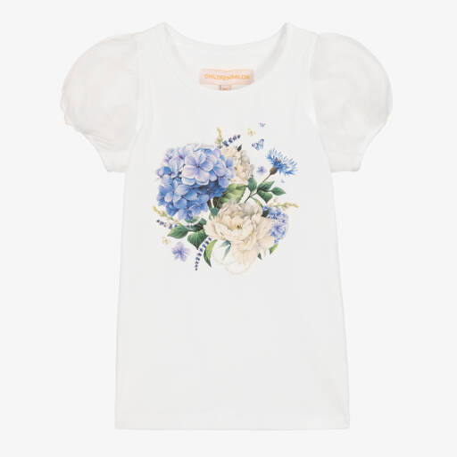 Childrensalon Occasions-Кремовая и лазурная футболка с цветочным узором для девочек | Childrensalon Outlet
