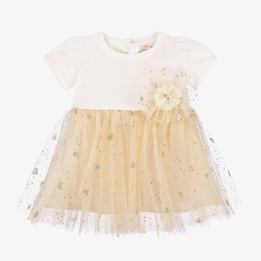 Childrensalon Occasions-فستان قطن وتول لون عاجي وذهبي | Childrensalon Outlet