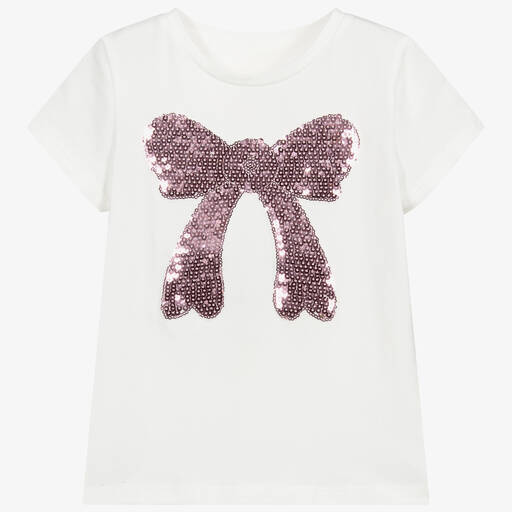 Childrensalon Occasions-Girls Ivory & Pink Sequin Bow T-Shirt | Childrensalon Outlet