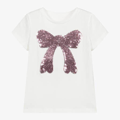 Childrensalon Occasions-Girls Ivory & Pink Sequin Bow T-Shirt | Childrensalon Outlet