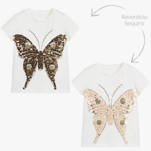 Childrensalon Occasions-Girls Ivory Sequin Butterfly Tee | Childrensalon Outlet