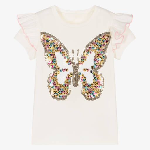 Childrensalon Occasions-تيشيرت عاجي مزين بفراشات لامعة للبنات | Childrensalon Outlet