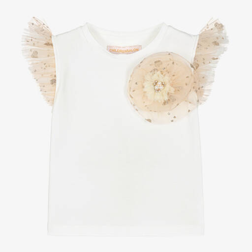 Childrensalon Occasions-Girls Ivory Top with Gold Tulle Accents | Childrensalon Outlet