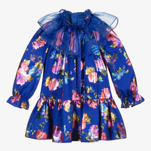 Childrensalon Occasions-Girls Metallic Blue Floral Dress | Childrensalon Outlet