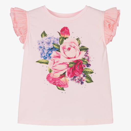 Childrensalon Occasions-T-shirt rose en coton à fleurs fille | Childrensalon Outlet