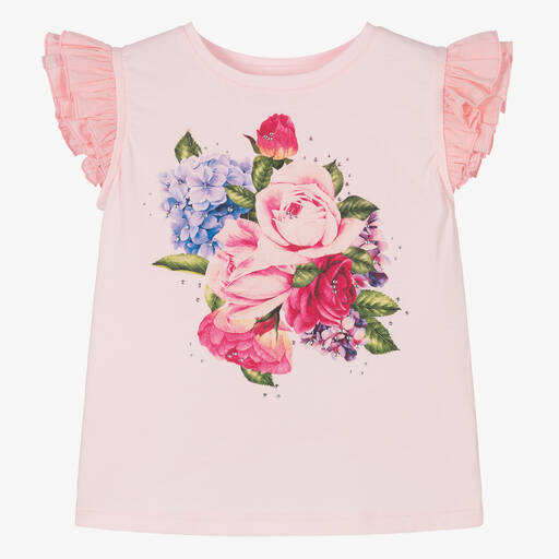 Childrensalon Occasions-Girls Pink Floral Cotton T-Shirt | Childrensalon Outlet