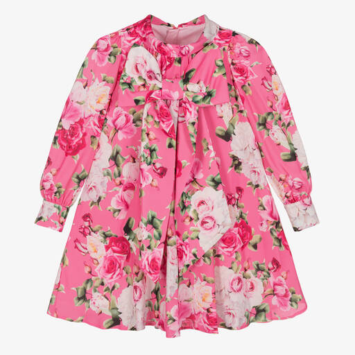 Childrensalon Occasions-Robe fleurie rose en crêpe à noeud fille | Childrensalon Outlet