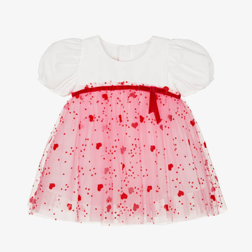 Childrensalon Occasions-فستان ساتان وتول وردي للبنات مزين بقلوب | Childrensalon Outlet