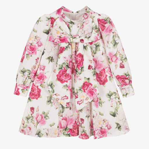 Childrensalon Occasions-Robe fleurie rose et blanche en crêpe à noeud fille | Childrensalon Outlet