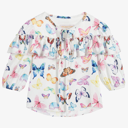 Childrensalon Occasions-Белая атласная блузка с бабочками для девочек | Childrensalon Outlet