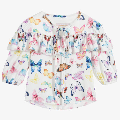 Childrensalon Occasions-Blouse blanche en satin papillon fille | Childrensalon Outlet