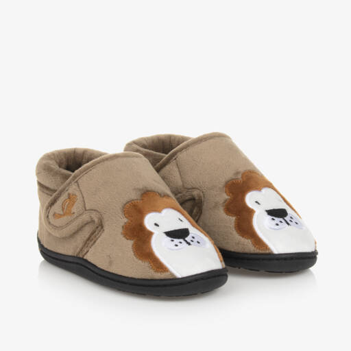 Chipmunks-Dark Beige Velcro Lion Slippers | Childrensalon Outlet