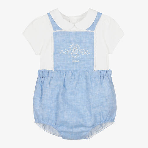 Chloé-Baby Girls Blue Linen Dungarees Set | Childrensalon Outlet