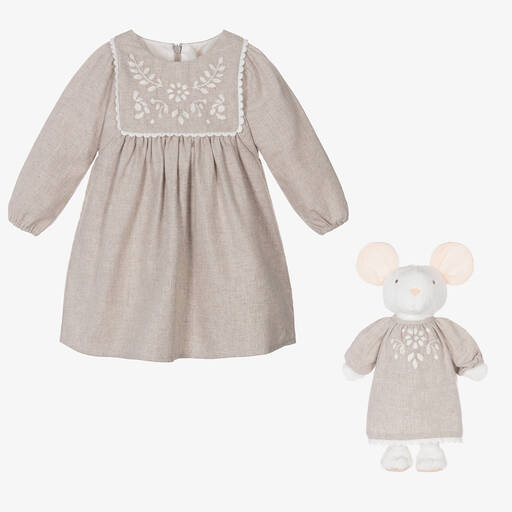 Chloé-طقم هدية فستان ولعبة قطن عضوي لون رمادي للمولودات | Childrensalon Outlet