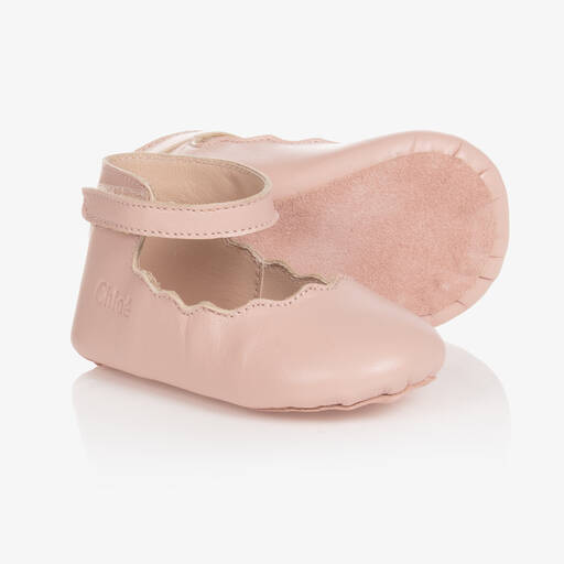 Chloé-حذاء سكالوب جلد لون زهري لمرحلة قبل المشي | Childrensalon Outlet