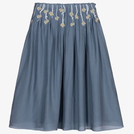 Chloé-تنورة حرير وفيسكوز مطرز لون أزرق وأبيض | Childrensalon Outlet